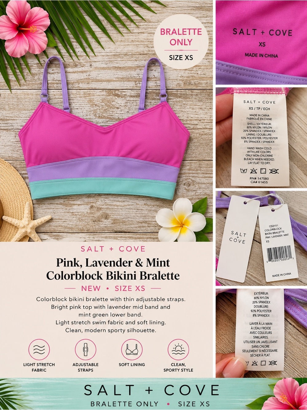 Salt + Cove Pink, Lavender & Mint Colorblock Bikini Bralette NEW XS